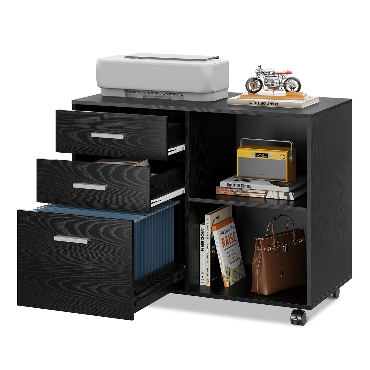 Wood 3 Drawer Black File Cabinet X382