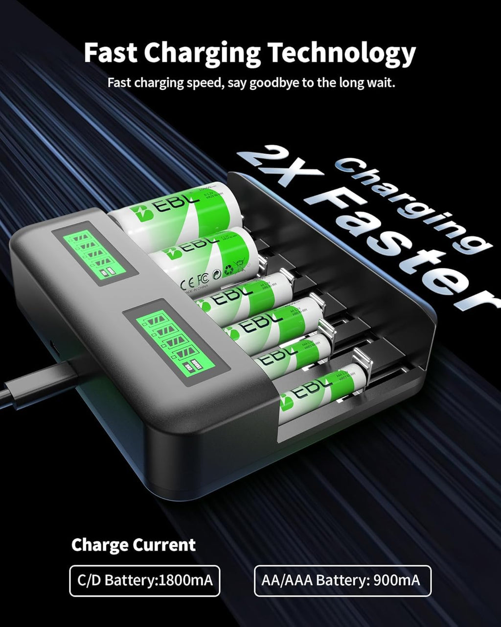 Rechargeable D Batteries 4 Pack with Battery Charger B411