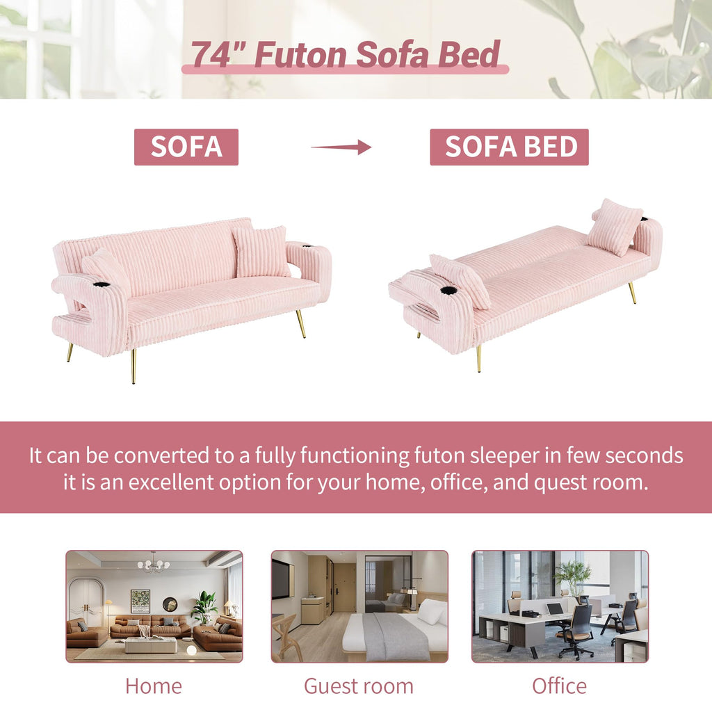 Pink Teddy Fabric Convertible Futon Sofa Bed K258431