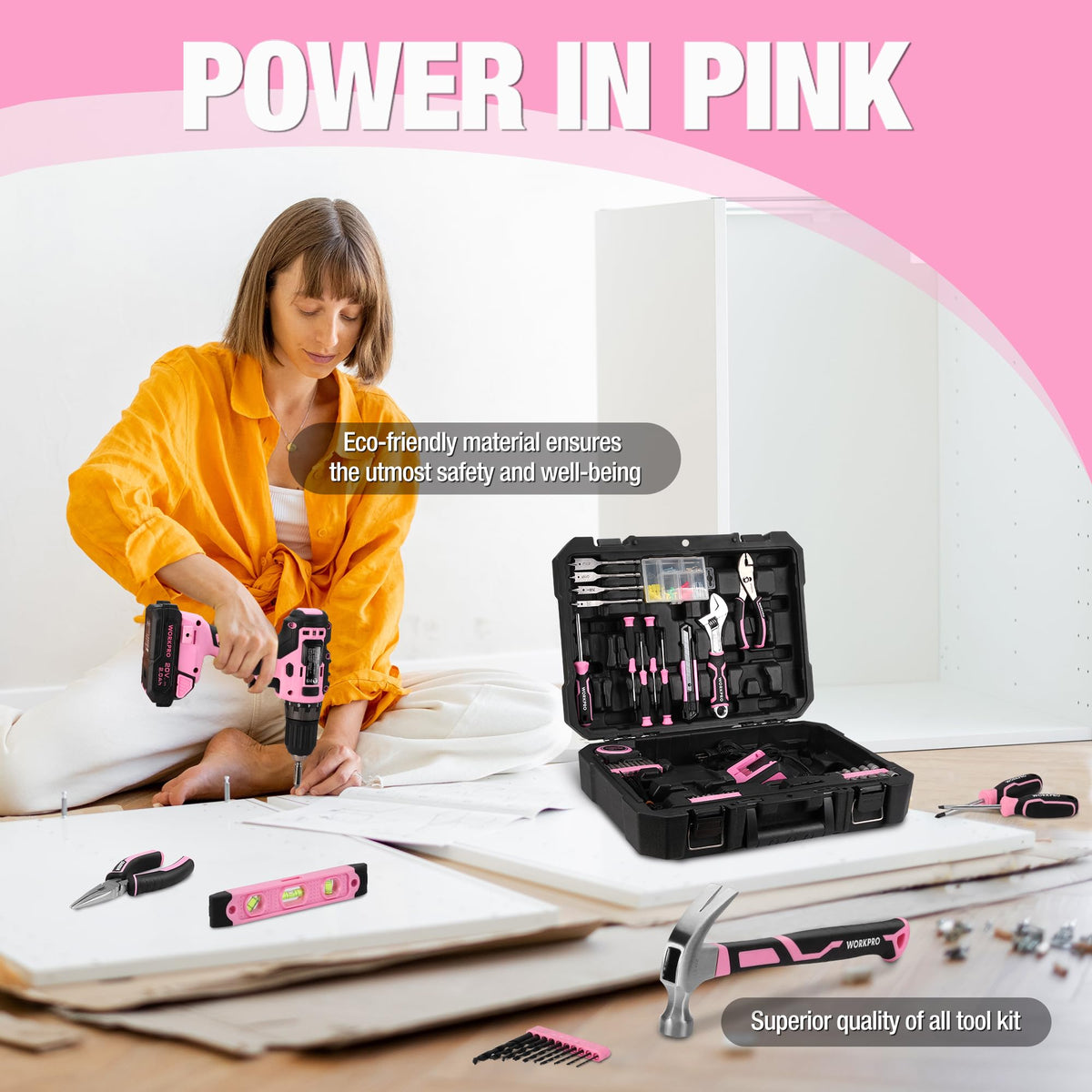 Pink Cordless Drill and 141-Piece Home Tool Kit T825387