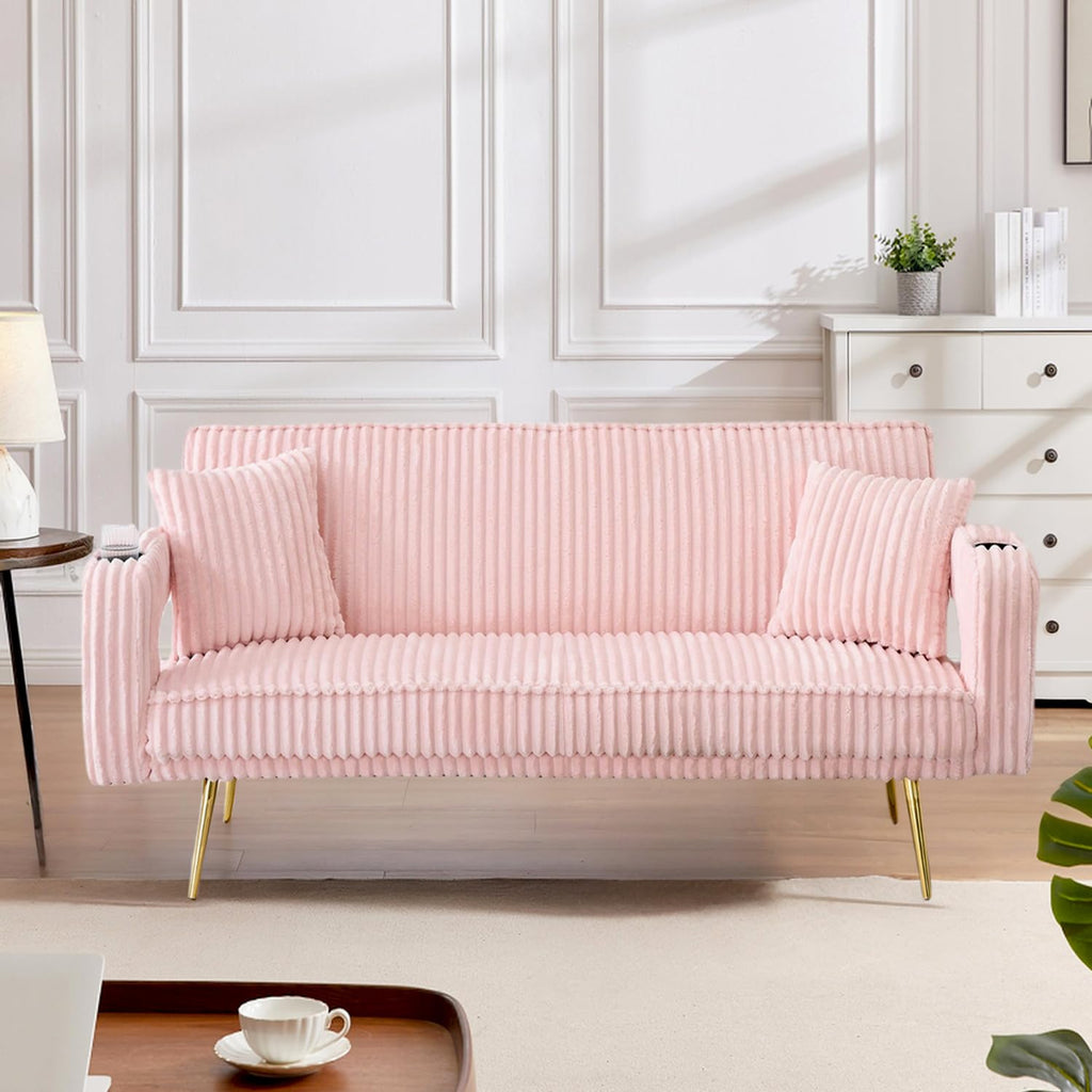 Pink Teddy Fabric Convertible Futon Sofa Bed K258431