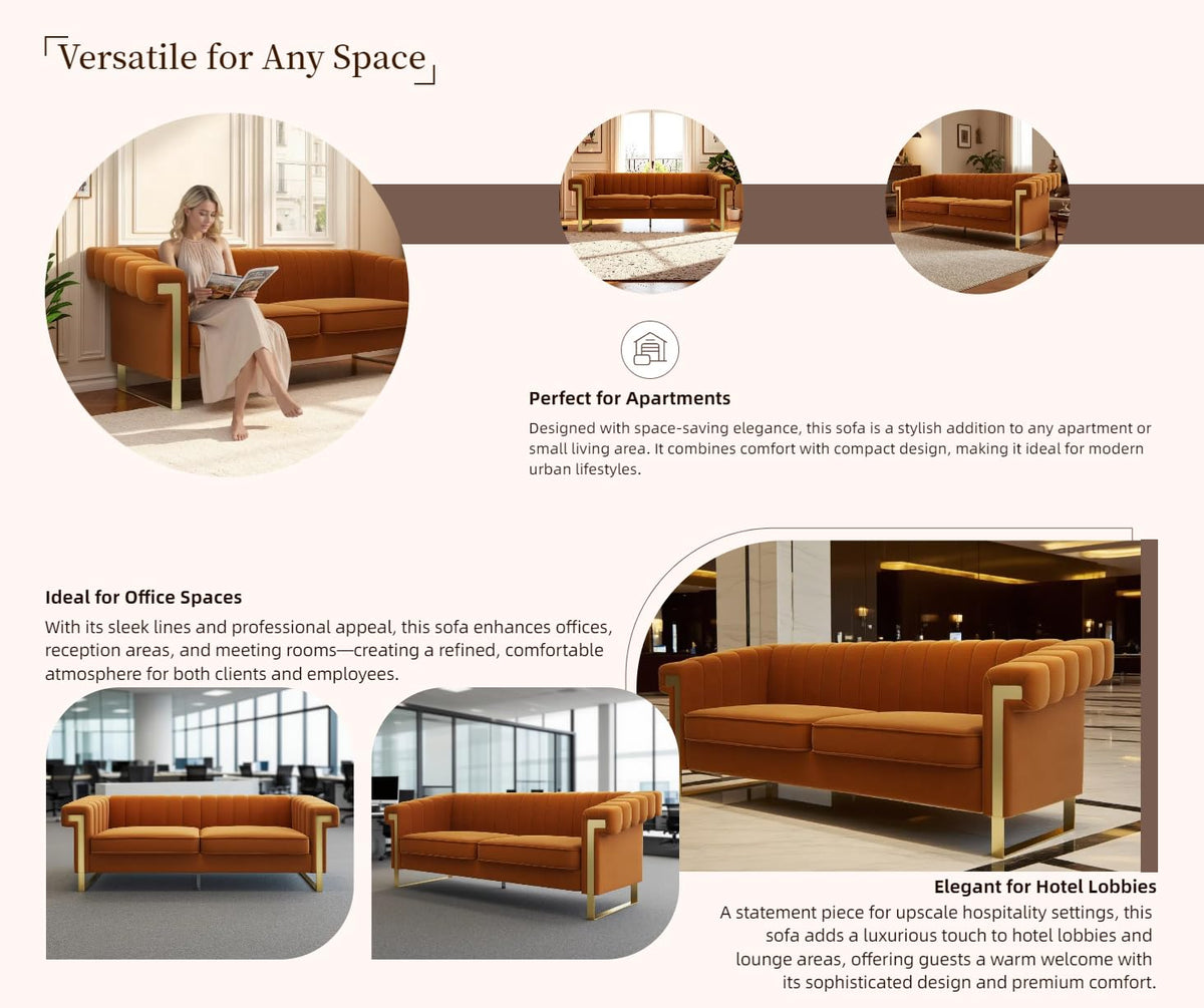 Orange Velvet 3-Seater Sofa V9823