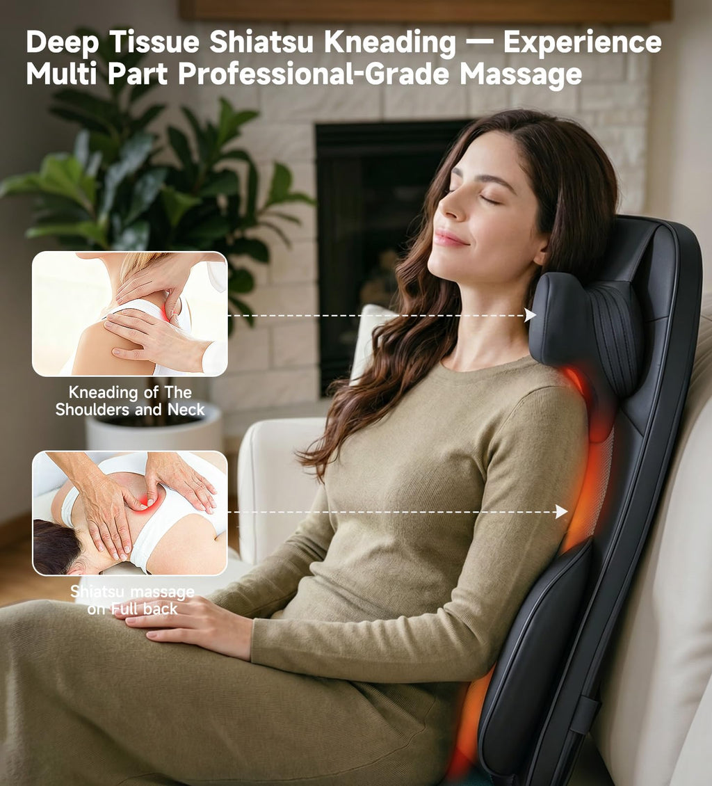 Black Shiatsu Back Massager Chair Pad with 4-Zone Heat F945