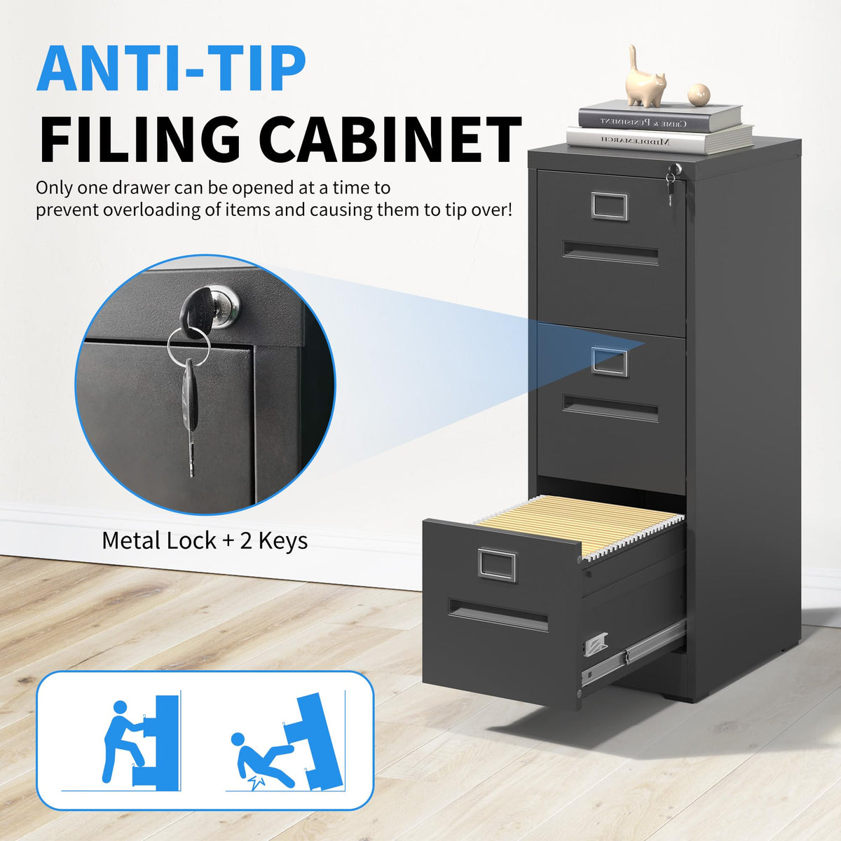 Black 3 Drawer Metal File Cabinet with Lock M83347