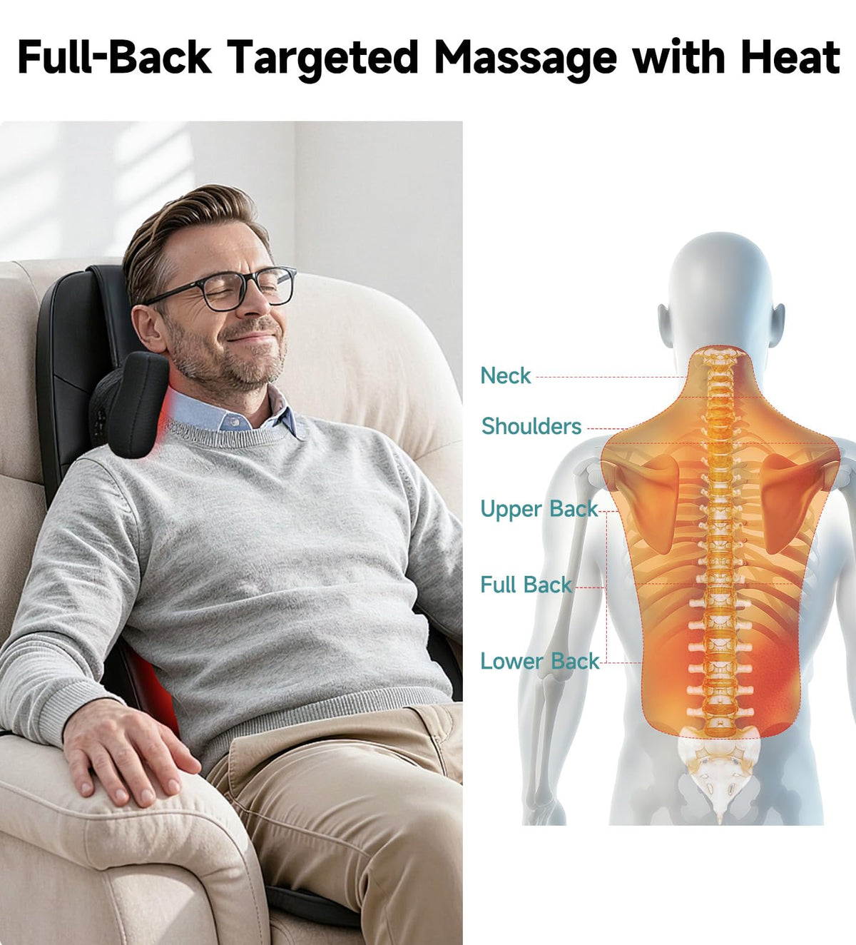 Black Shiatsu Back Massager Chair Pad with 4-Zone Heat F945