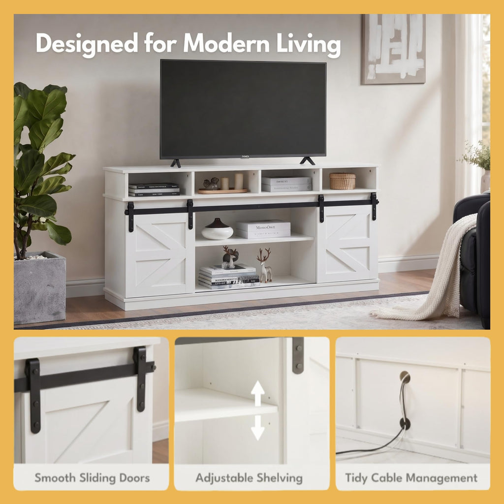 White Farmhouse TV Stand with Sliding Barn Doors N76306
