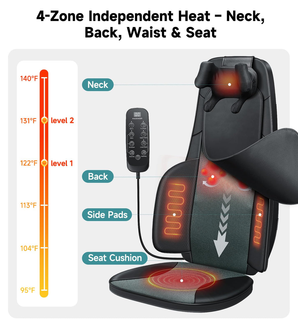 Black Shiatsu Back Massager Chair Pad with 4-Zone Heat F945