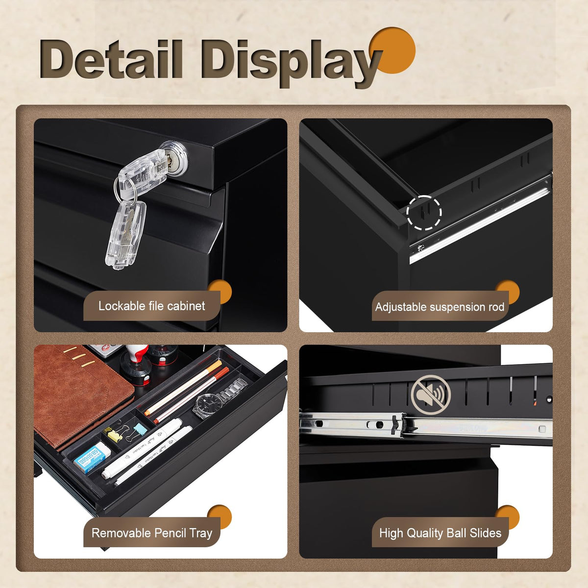 Black 3 Drawer Metal File Cabinet with Lock E2623