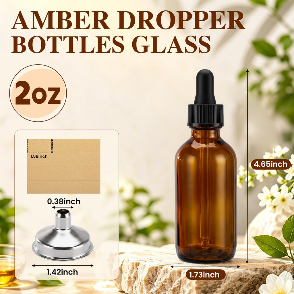 2 oz Amber Glass Dropper Bottles with Funnels, 40 Pack T4080