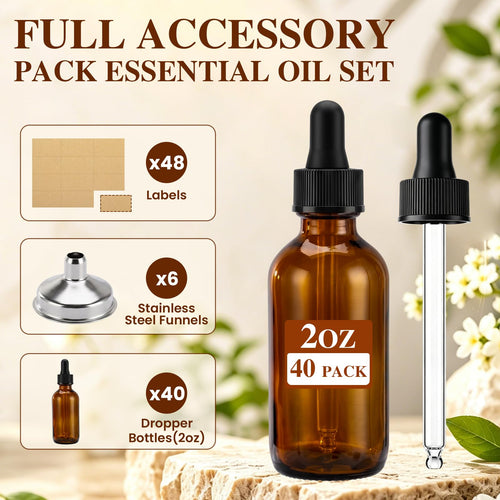 2 oz Amber Glass Dropper Bottles with Funnels, 40 Pack T4080