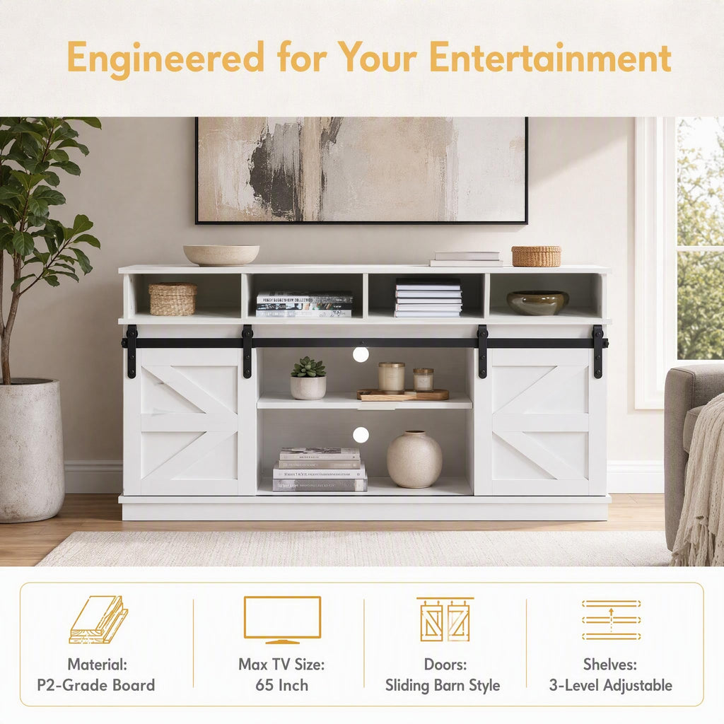 White Farmhouse TV Stand with Sliding Barn Doors N76306