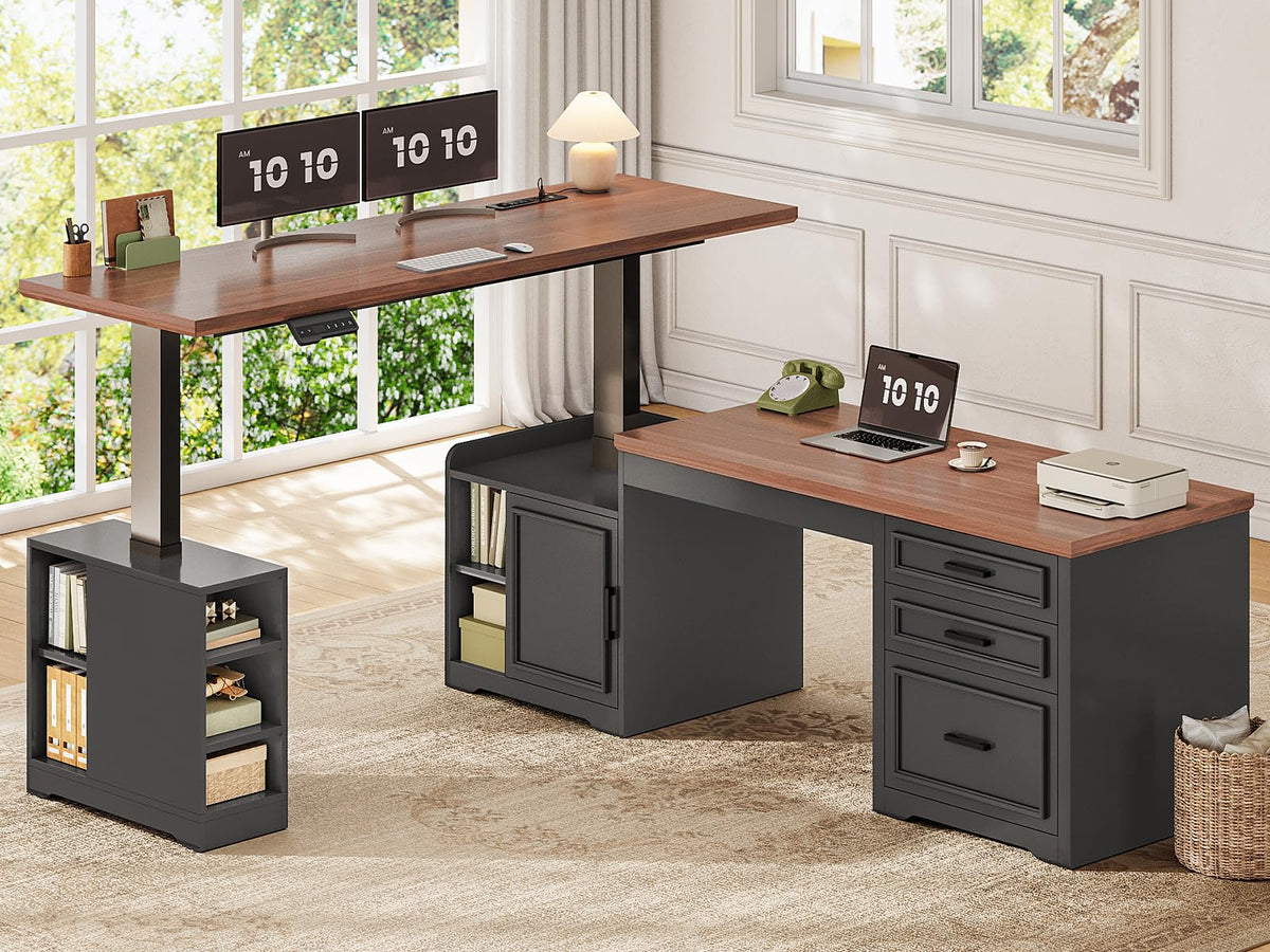 L Shaped Height Adjustable Standing Desk with Drawers and Shelves O83930
