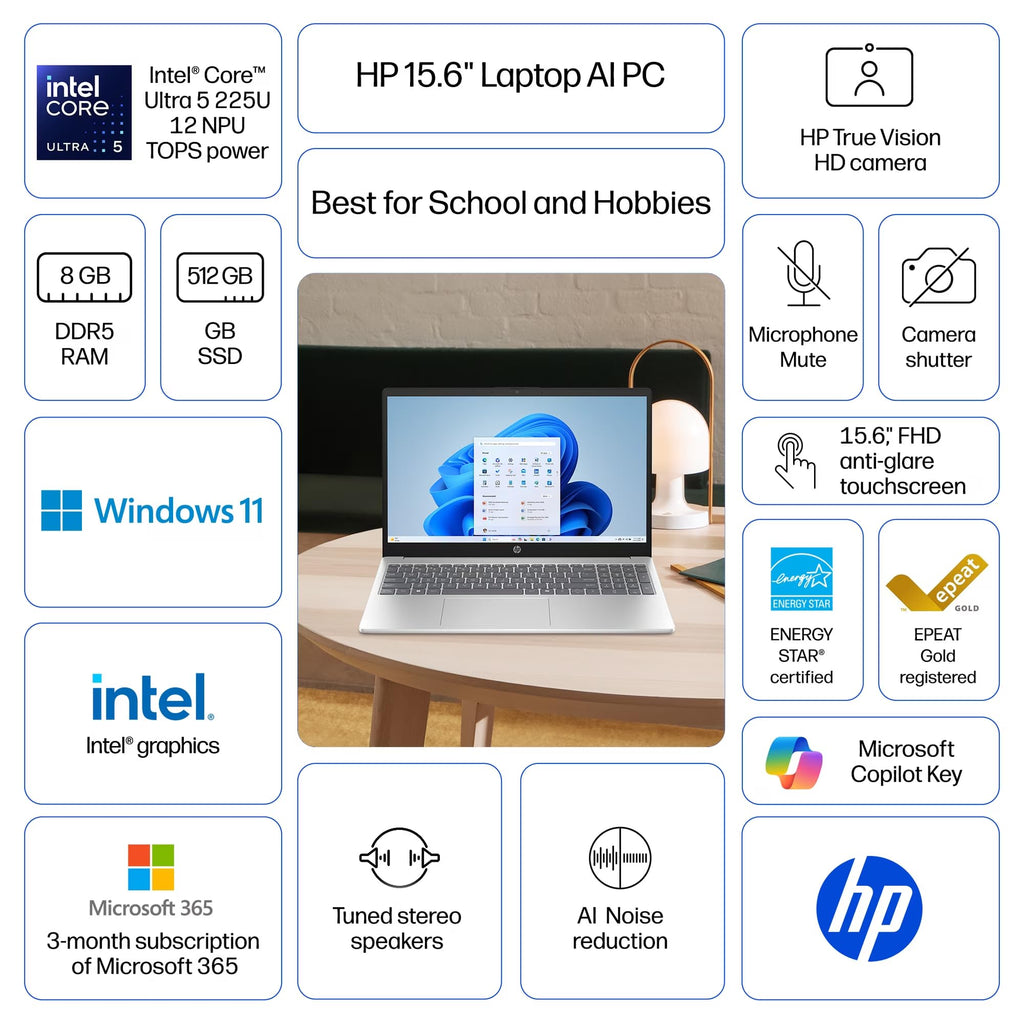 15.6" Full HD Touch Screen Laptop, Intel Core Ultra 5, 8GB RAM, 512GB SSD, Natural Silver S392785