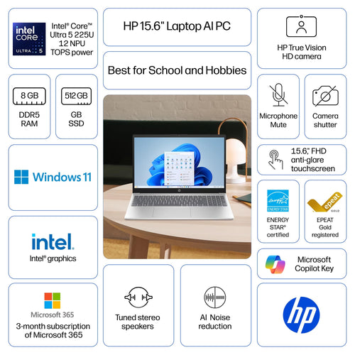15.6" Full HD Touch Screen Laptop, Intel Core Ultra 5, 8GB RAM, 512GB SSD, Natural Silver S392785