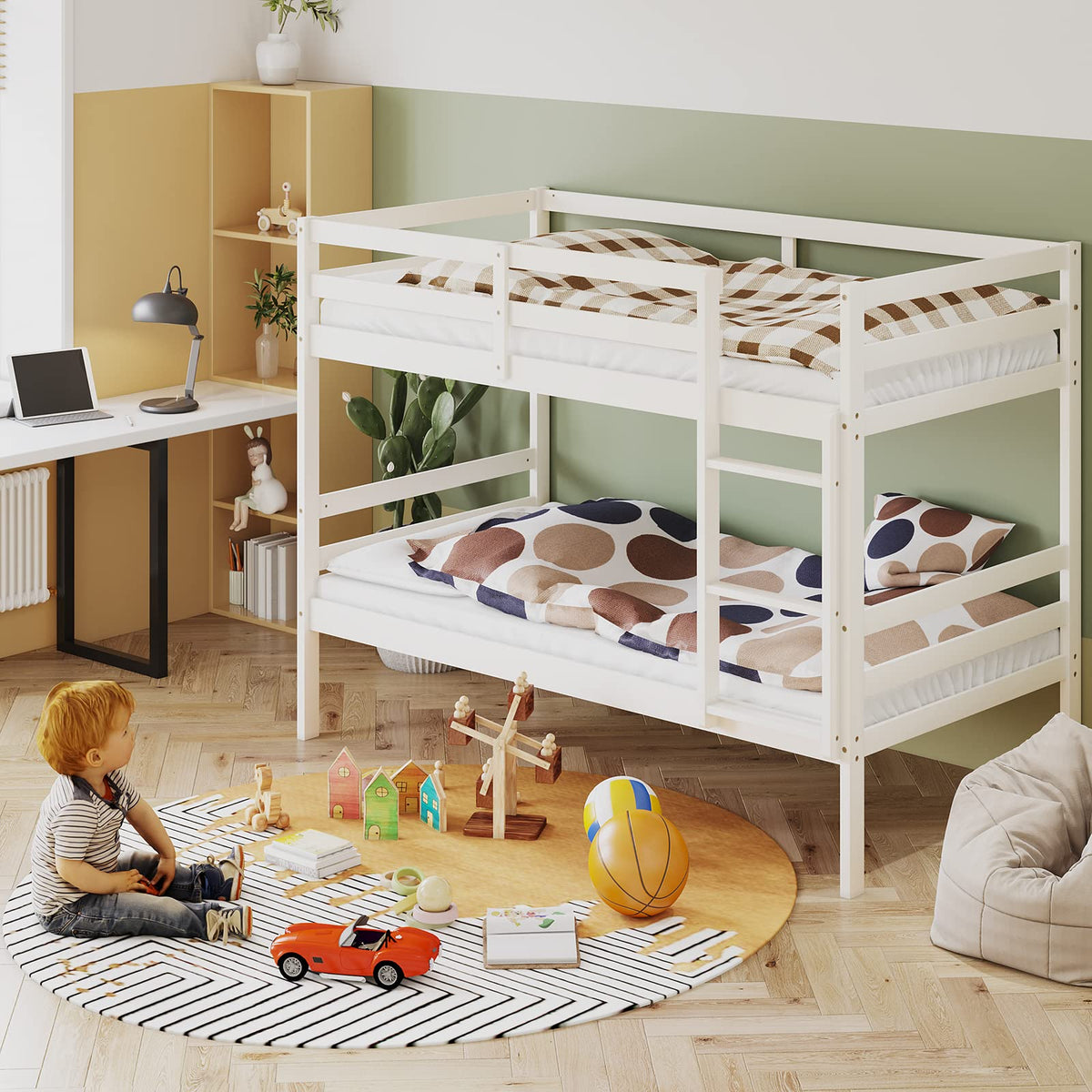 Wood Twin Over Twin Bunk Bed with Ladder & Safety Guardrail C6352