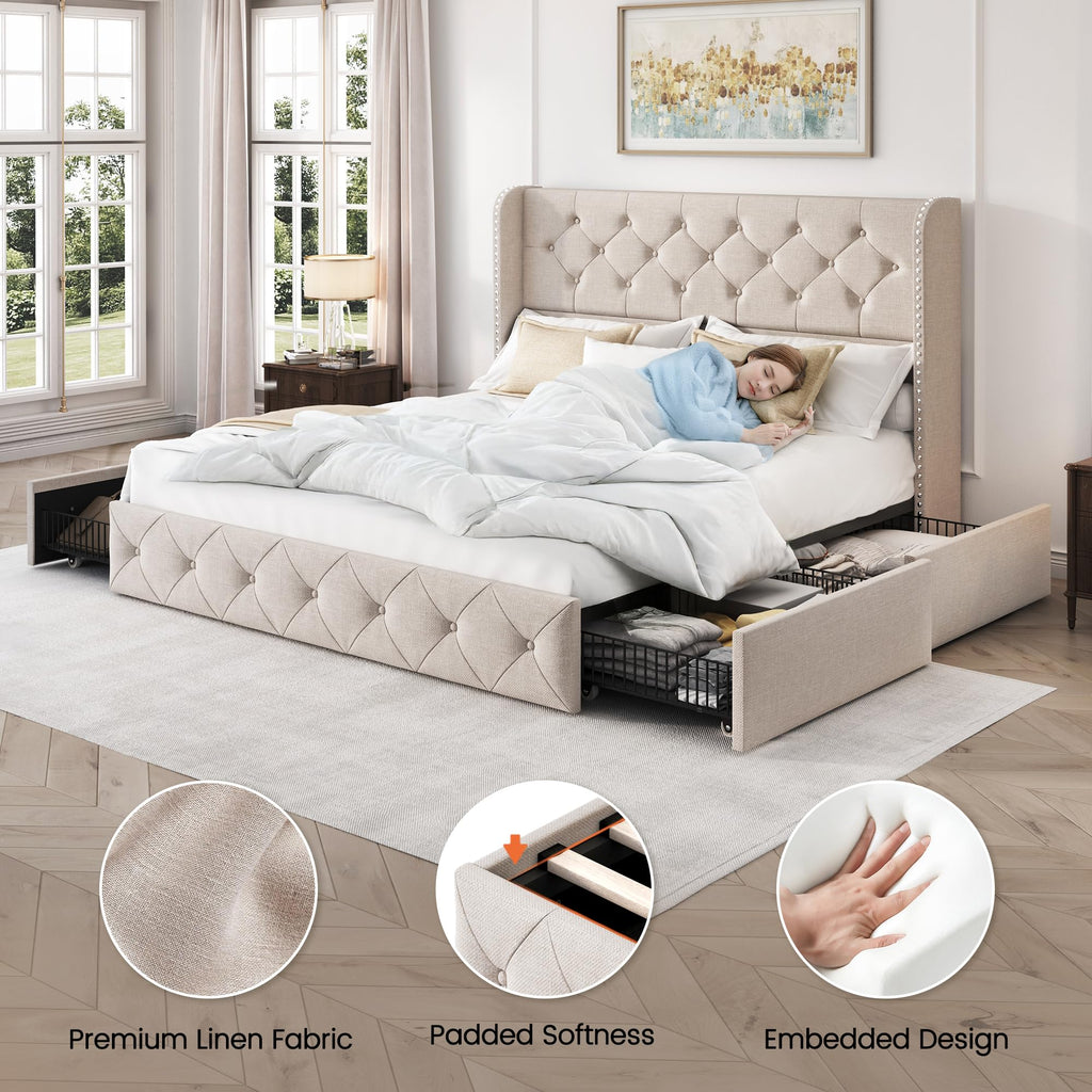 Queen Size Linen Upholstered Platform Bed Frame with 4 Storage Drawers H922