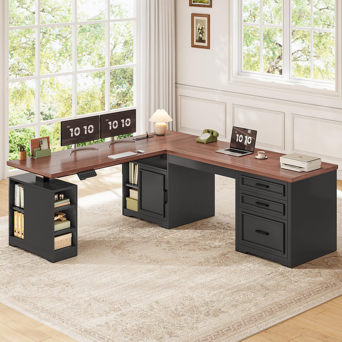 L Shaped Height Adjustable Standing Desk with Drawers and Shelves O83930