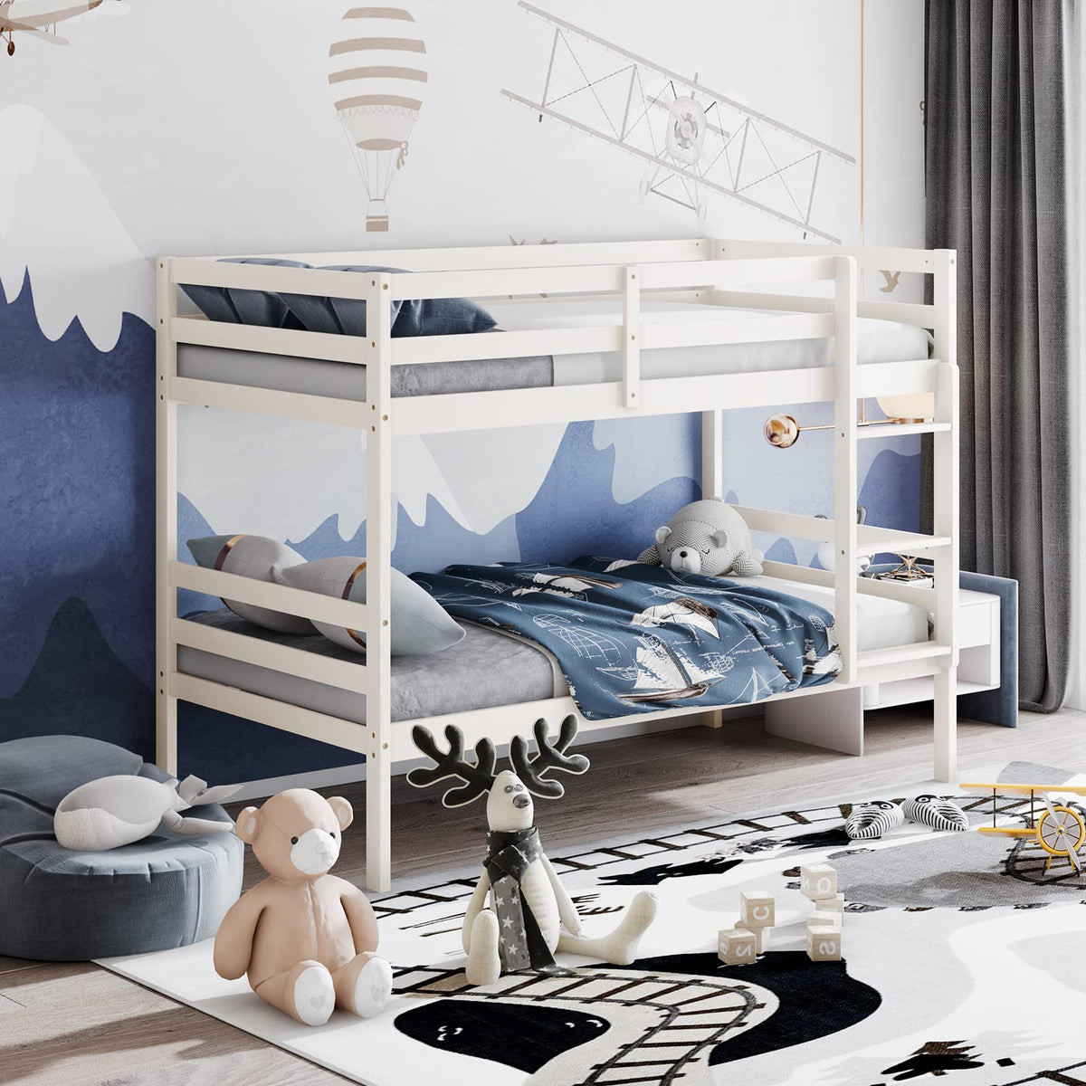 Wood Twin Over Twin Bunk Bed with Ladder & Safety Guardrail C6352