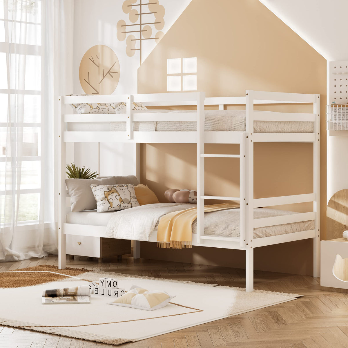 Wood Twin Over Twin Bunk Bed with Ladder & Safety Guardrail C6352