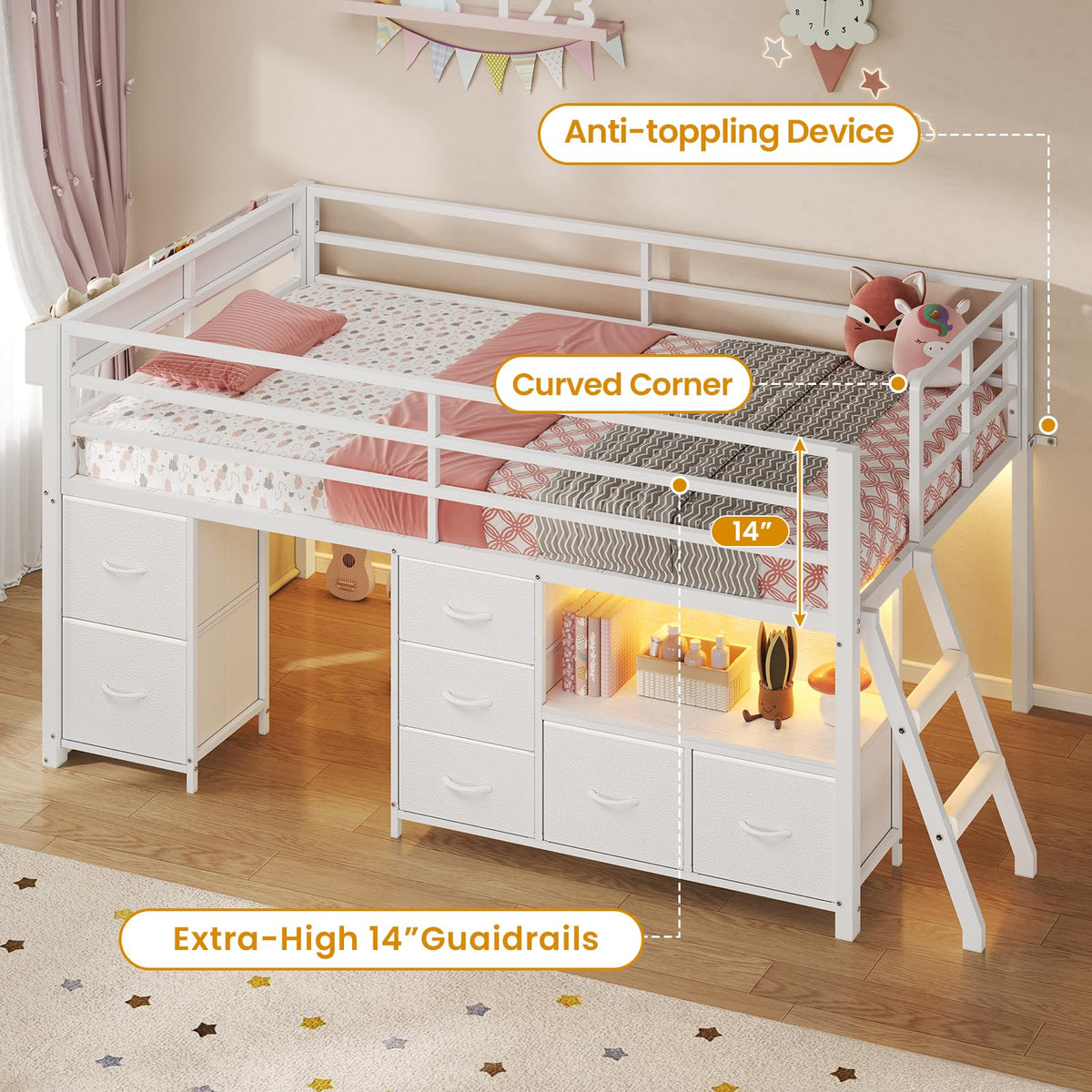 Twin Size Low Loft Bed with 7 Drawers B457