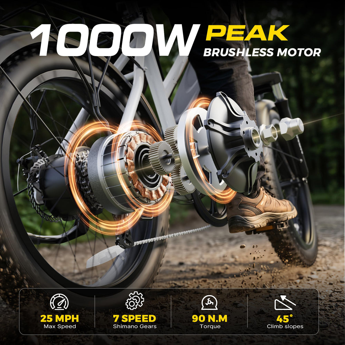 1000W Peak Motor 60+ Miles Fat Tire Electric Bike with 48V 13Ah Removable Battery U312393