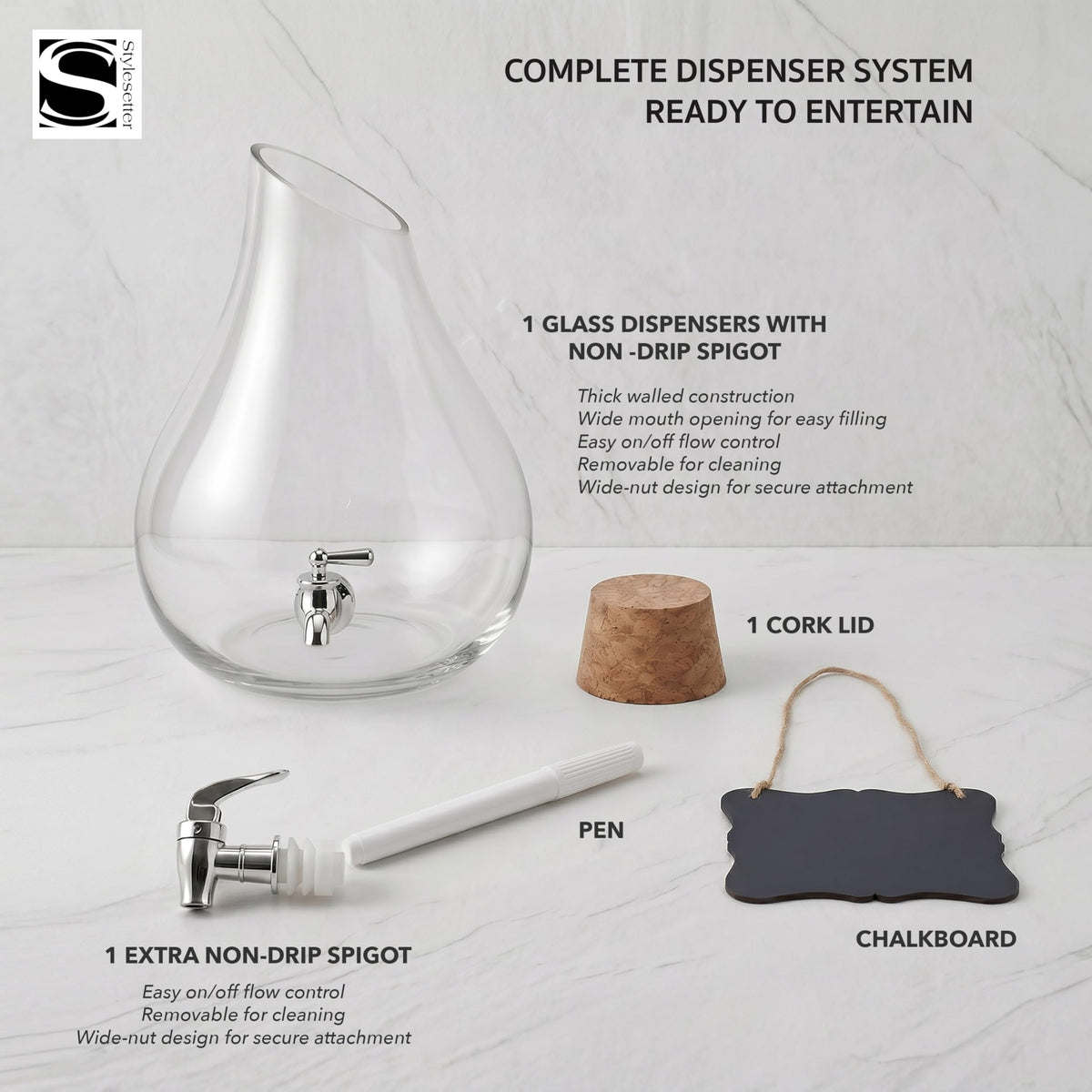 Glass Beverage Dispenser with Cork Lid and Stand 2.5 Gal O388701