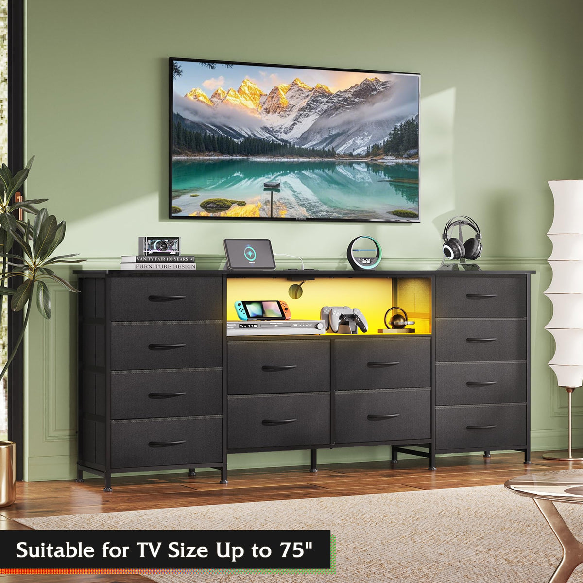 Black 12 Drawer LED Dresser TV Stand N621