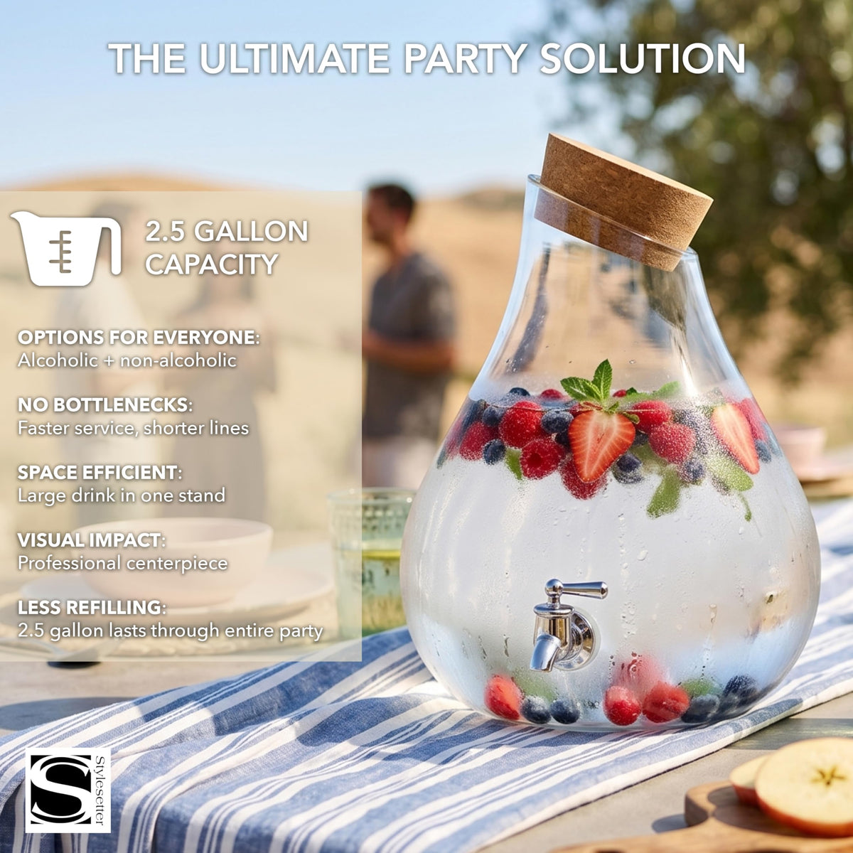 Glass Beverage Dispenser with Cork Lid and Stand 2.5 Gal O388701