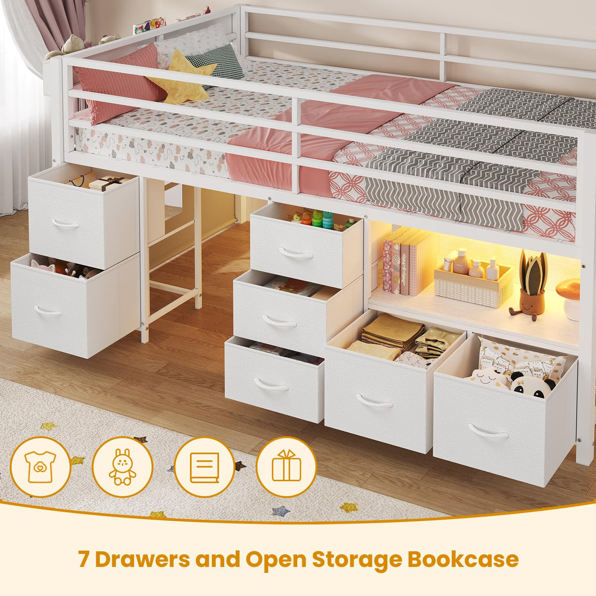 Twin Size Low Loft Bed with 7 Drawers B457