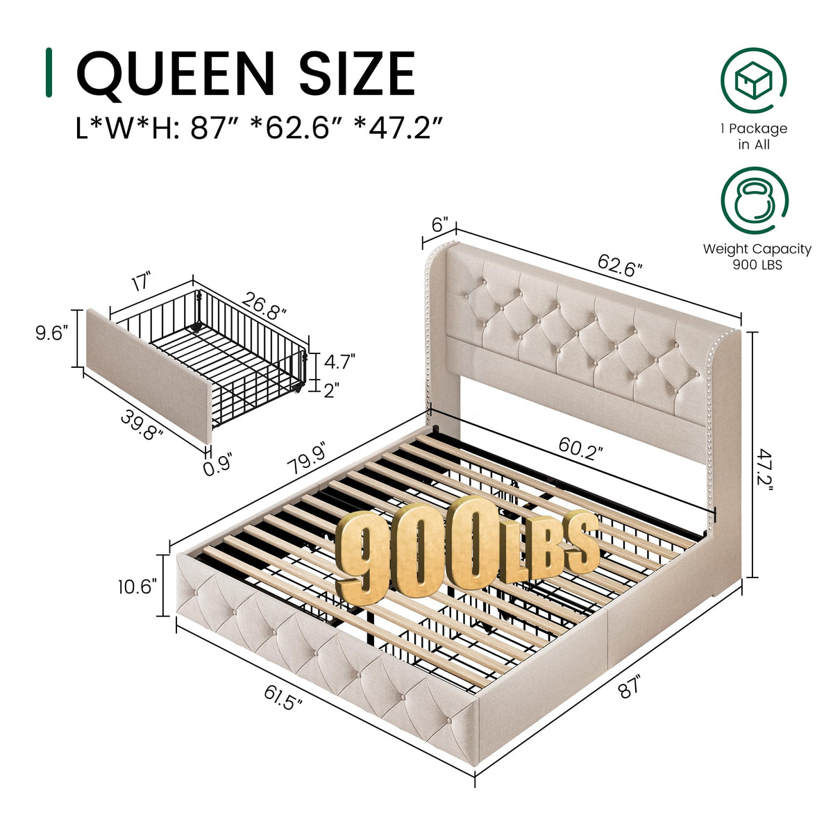 Queen Size Linen Upholstered Platform Bed Frame with 4 Storage Drawers H922