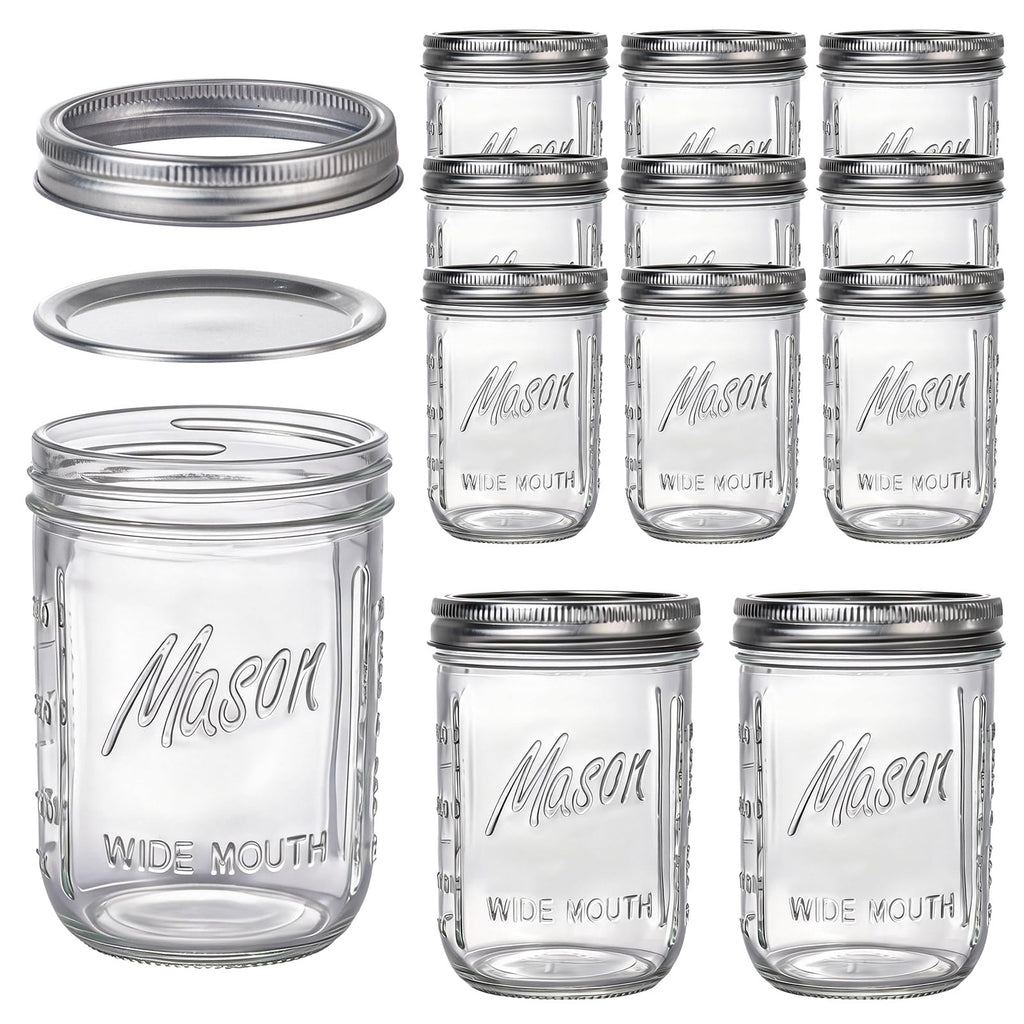12 Pack 16 oz Wide Mouth Glass Mason Jars with Lids W616579