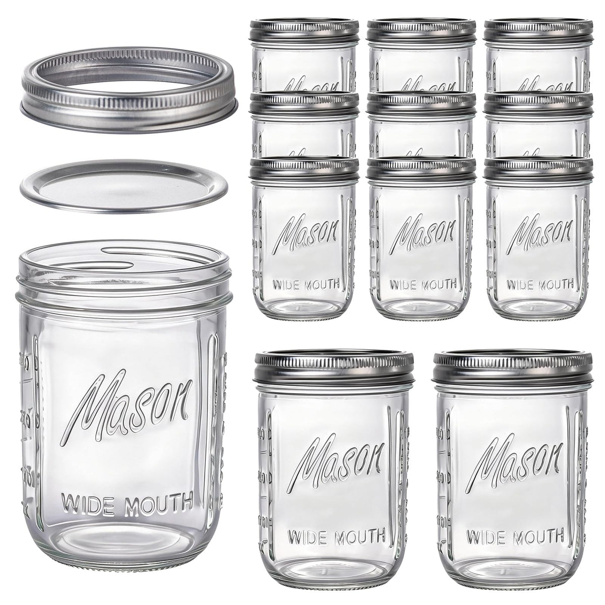 12 Pack 16 oz Wide Mouth Glass Mason Jars with Lids W616579