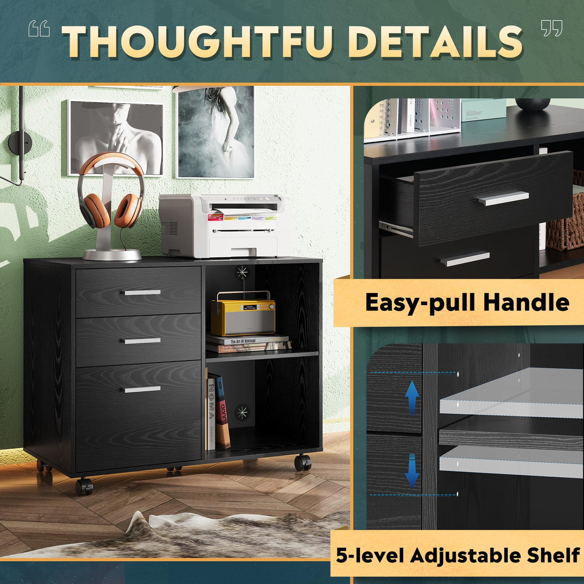 Wood 3 Drawer Black File Cabinet X382