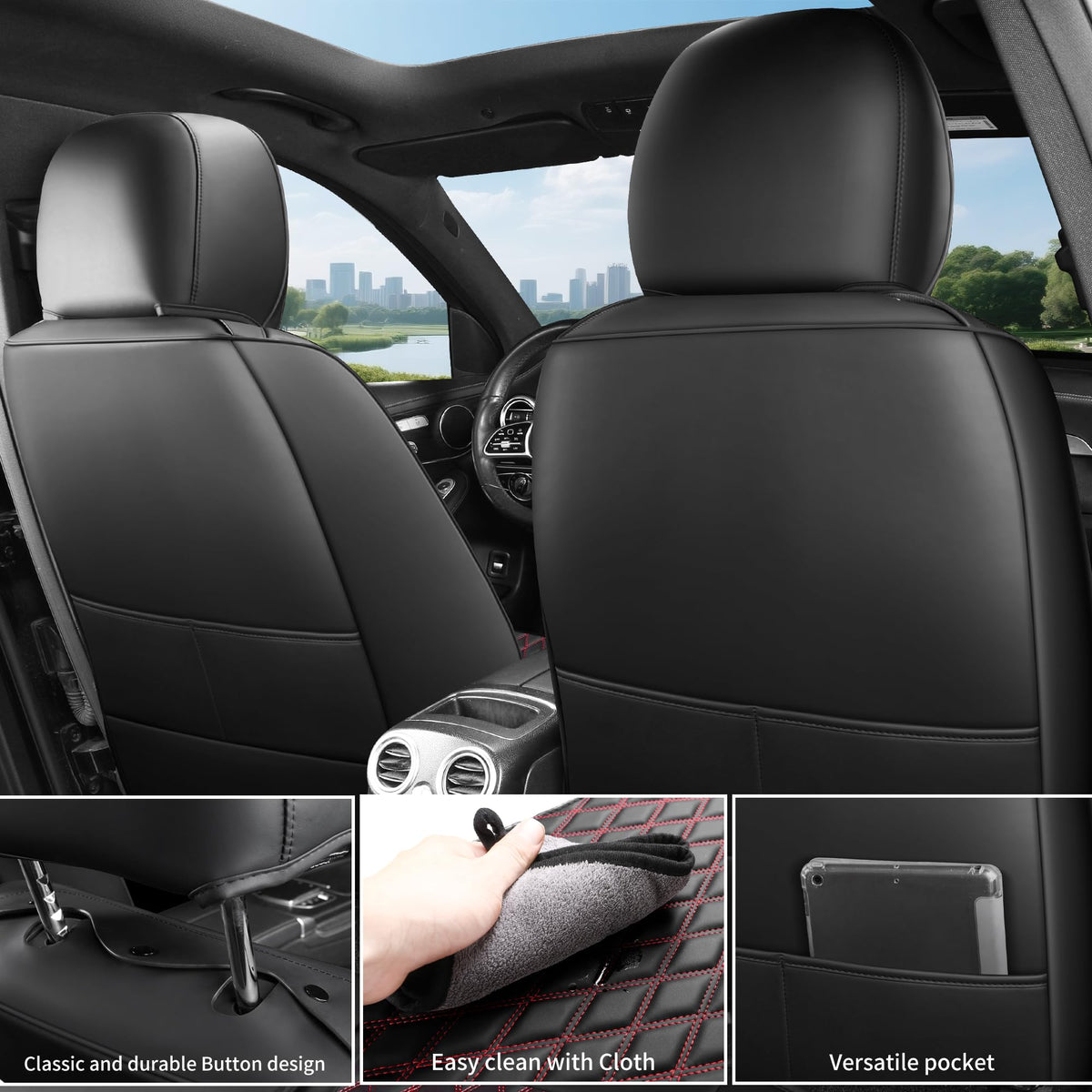 Black and Red Thick Nappa Leather Car Seat Covers Set of 2 G76485