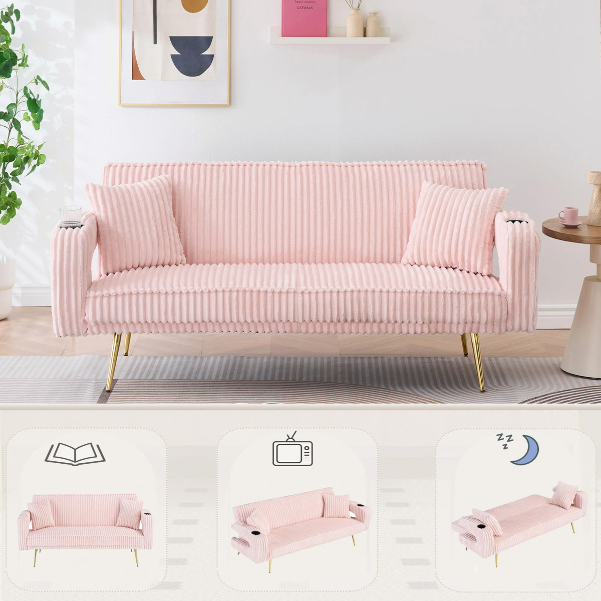 Pink Teddy Fabric Convertible Futon Sofa Bed K258431
