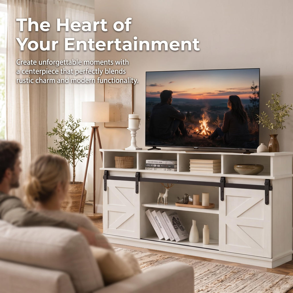 White Farmhouse TV Stand with Sliding Barn Doors N76306