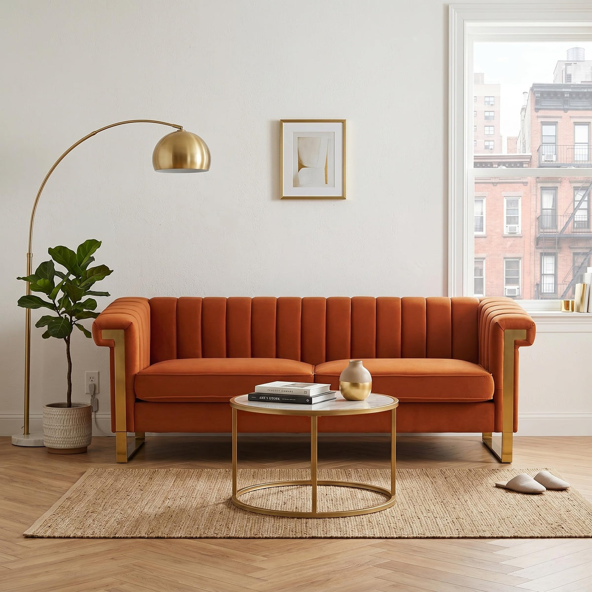 Orange Velvet 3-Seater Sofa V9823