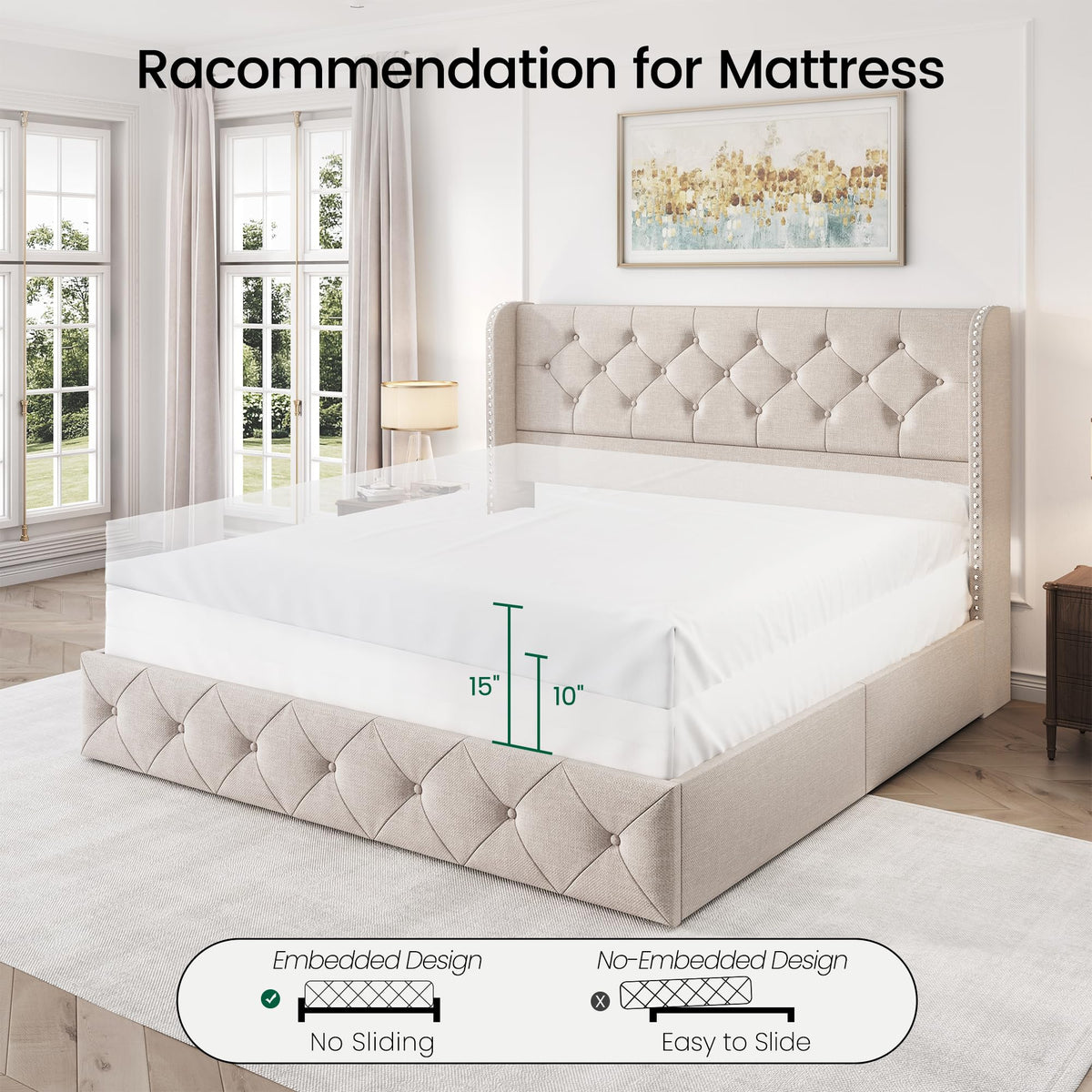 Queen Size Linen Upholstered Platform Bed Frame with 4 Storage Drawers H922