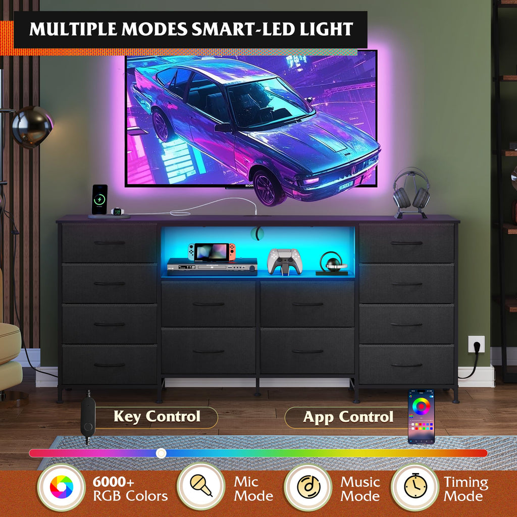 Black 12 Drawer LED Dresser TV Stand N621