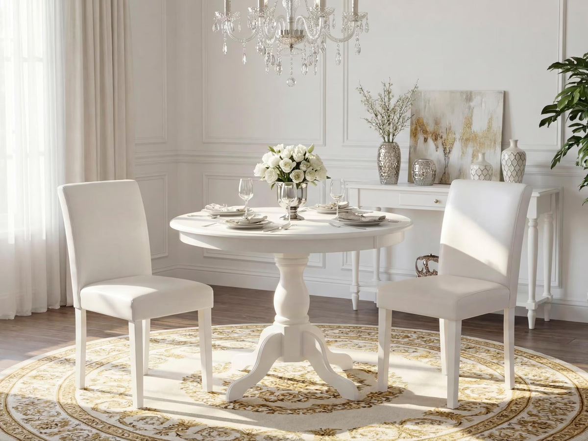 3 Piece Round Dining Table Set with 2 White Faux Leather Chairs Y1834