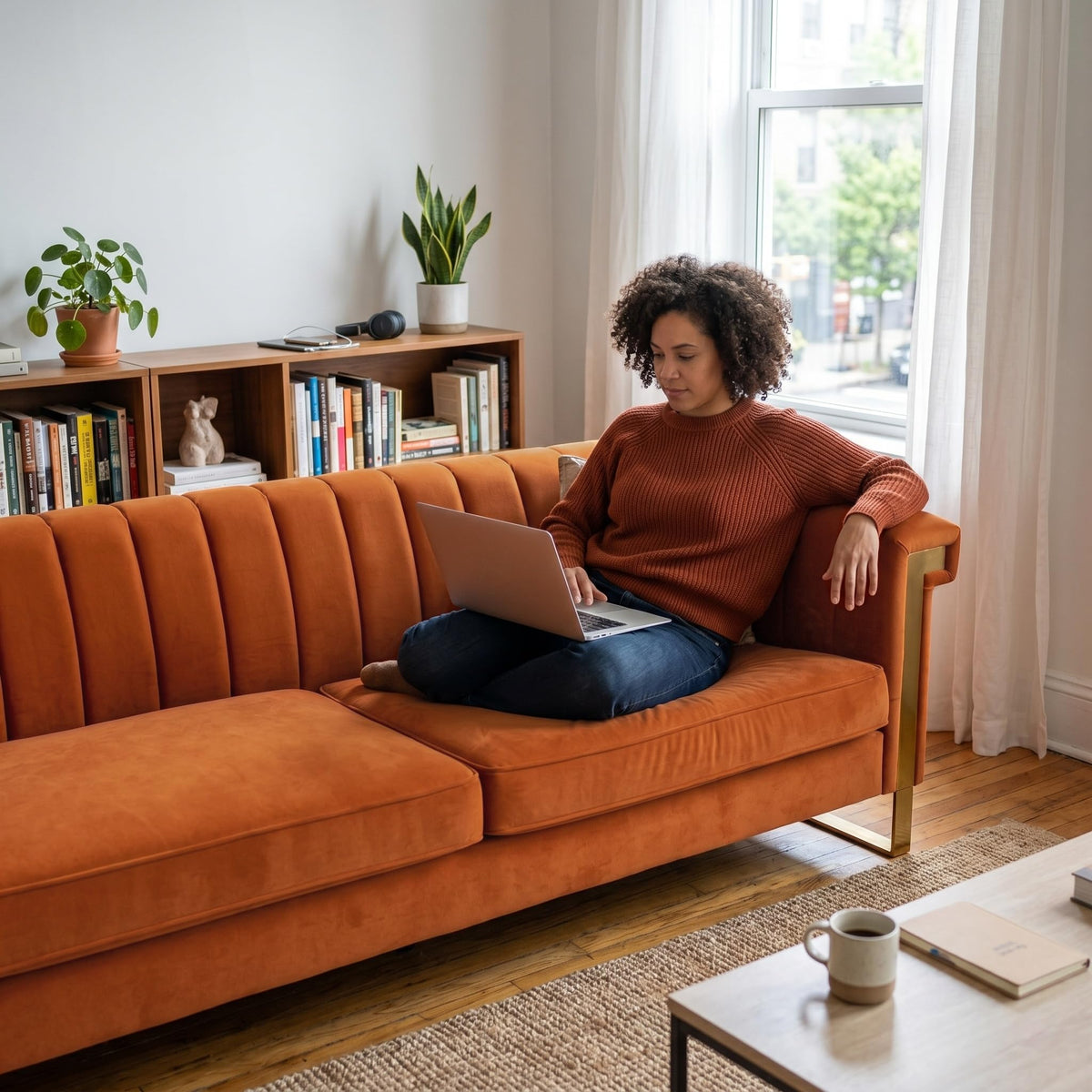Orange Velvet 3-Seater Sofa V9823