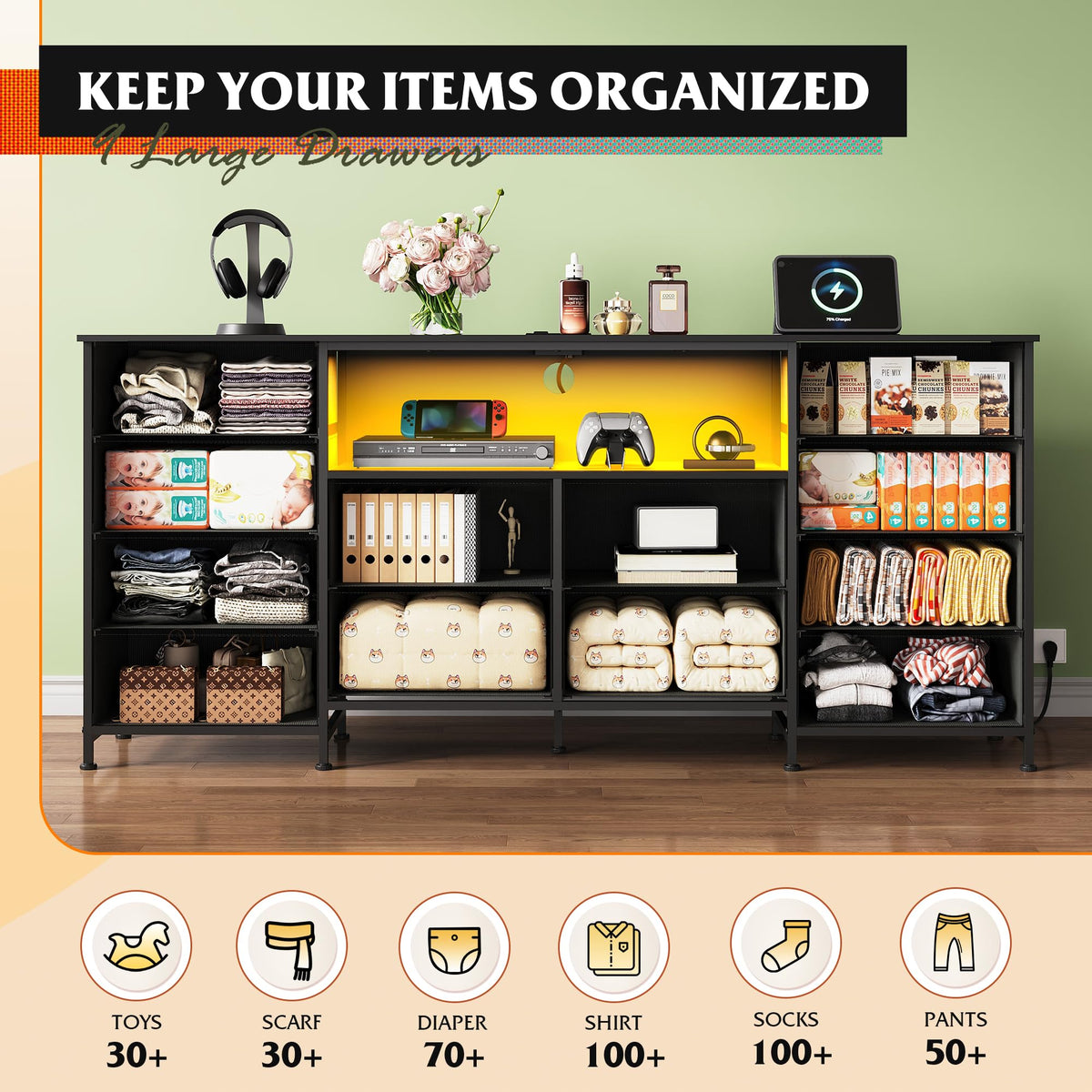 Black 12 Drawer LED Dresser TV Stand N621