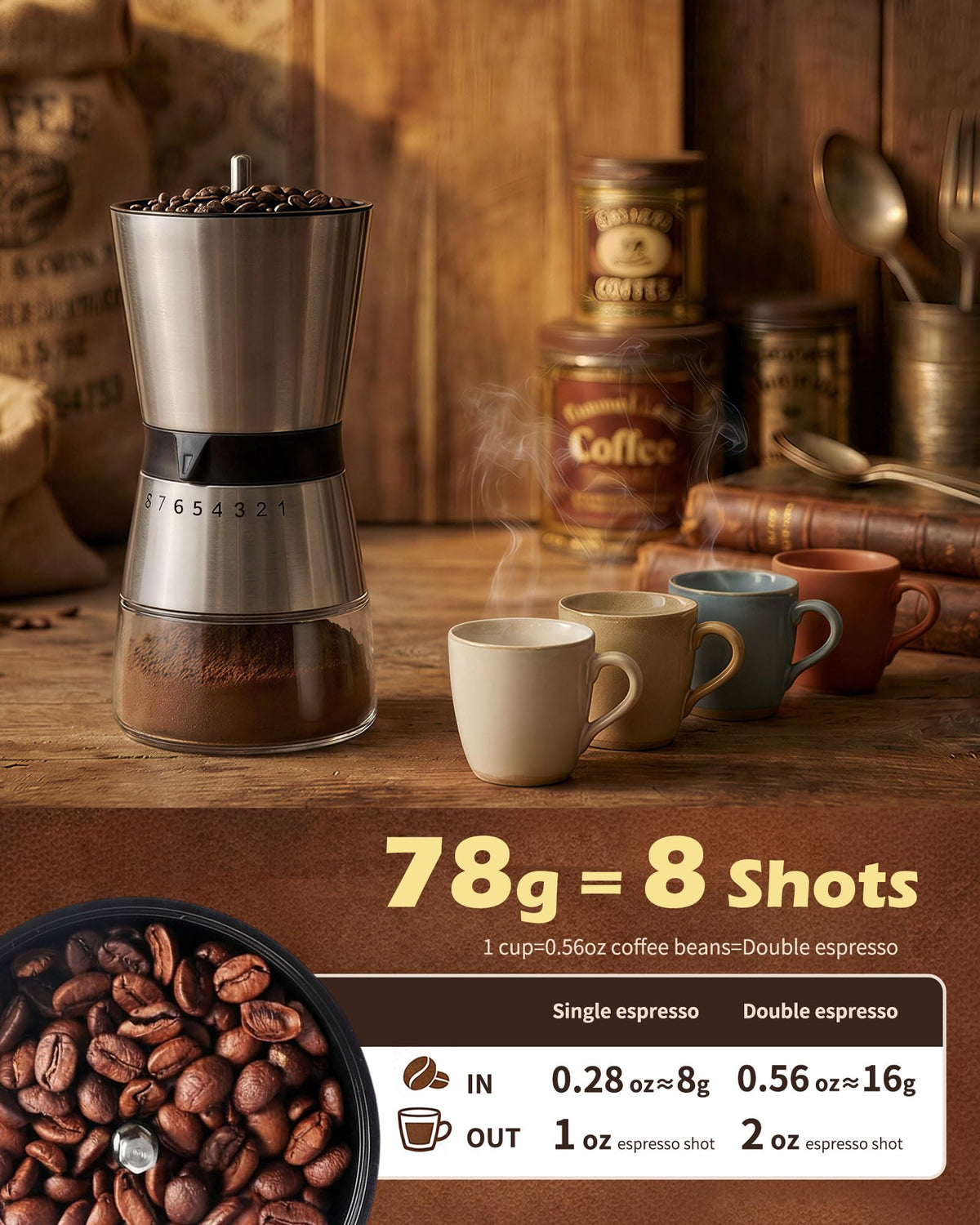 Manual Coffee Grinder with Handle Crank, Ceramic Burr M380210
