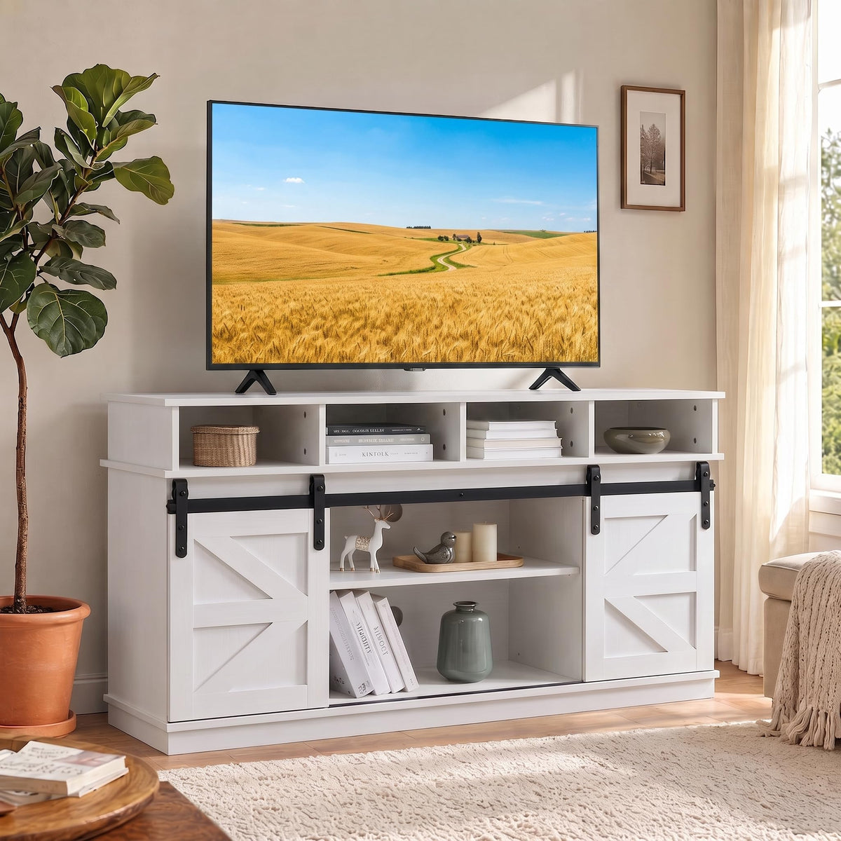 White Farmhouse TV Stand with Sliding Barn Doors N76306