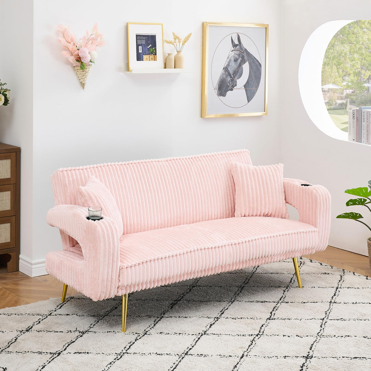 Pink Teddy Fabric Convertible Futon Sofa Bed K258431
