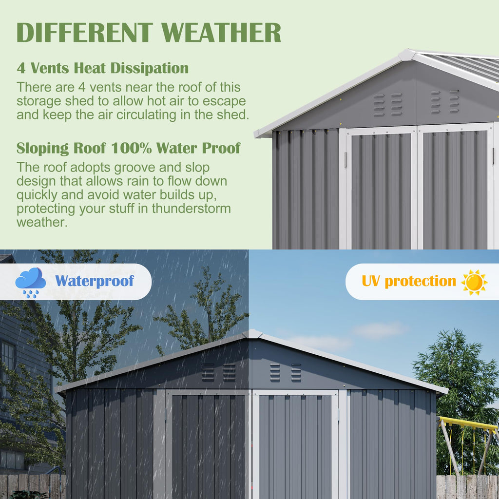 12x8 FT Galvanized Steel Storage Shed with Lockable Doors Z605