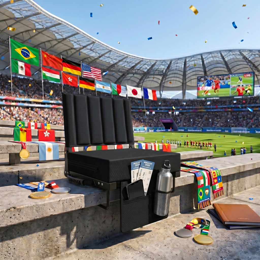 Black Padded Portable Folding Stadium Seat with Back Support and Cup Holder L676