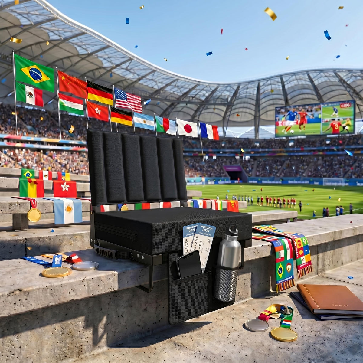 Black Padded Portable Folding Stadium Seat with Back Support and Cup Holder L676