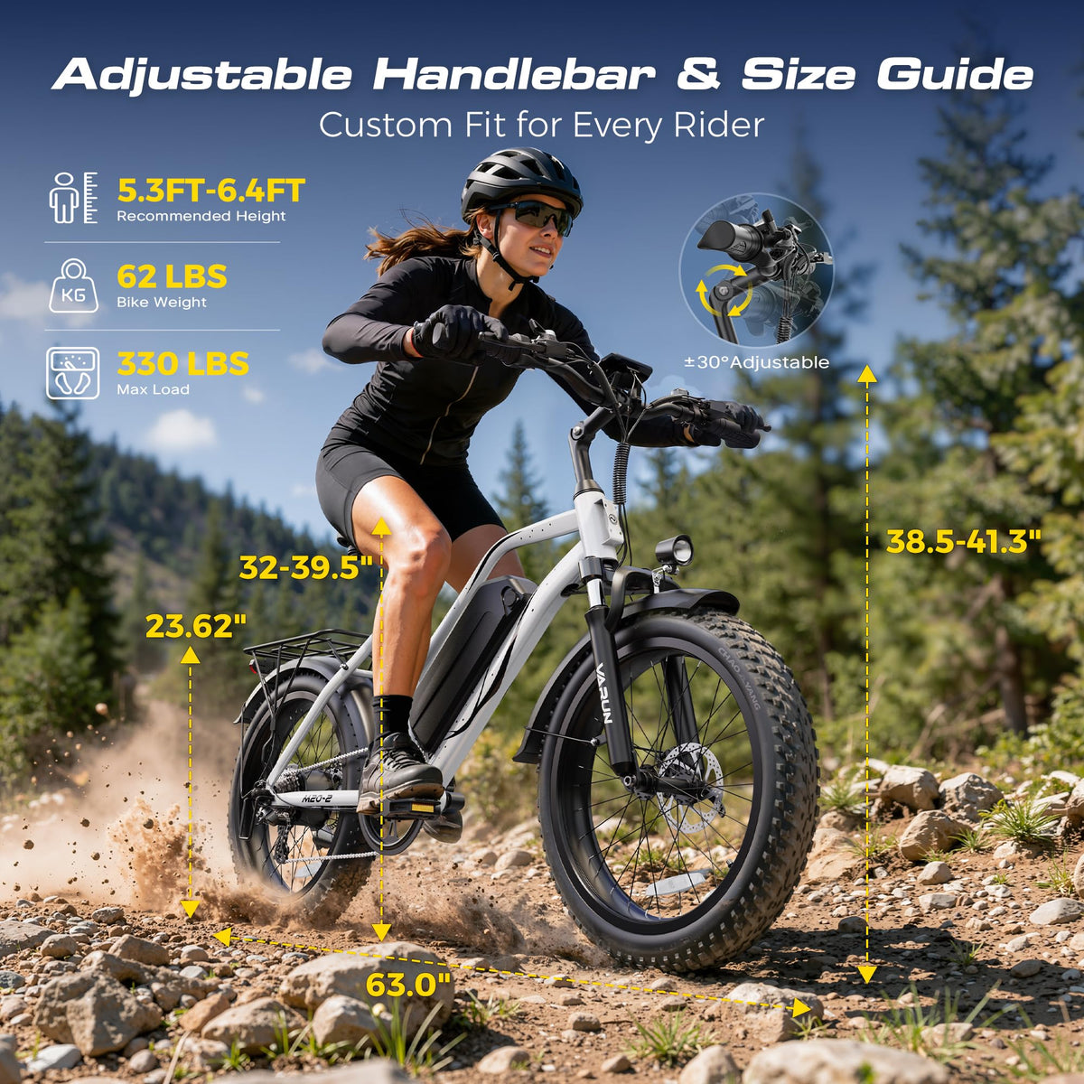 1000W Peak Motor 60+ Miles Fat Tire Electric Bike with 48V 13Ah Removable Battery U312393