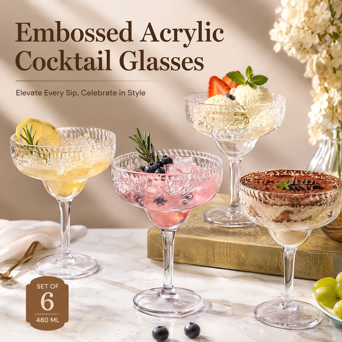 6 Pack 16oz Clear Acrylic Margarita Glasses E75549